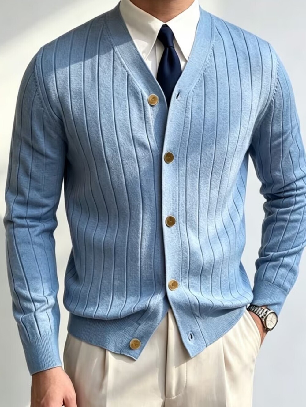 Men's Light Blue Ribbed Button Cardigan Sweater - Picture 6 of 7
